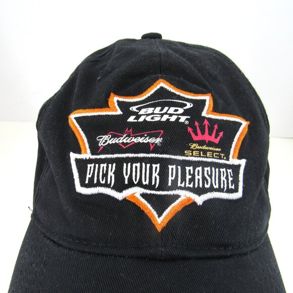 Bud Light Budweiser Pick Your Pleasure Emb Logo Men Black Adj Strap Back Cap Hat - Picture 1 of 8
